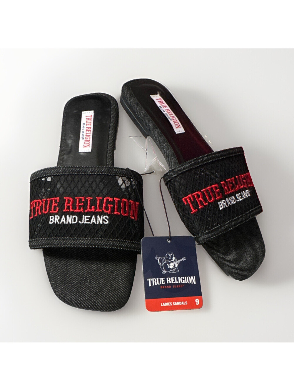 True Religion Women's Black Mesh and Denim Slide Sandals Size 9 Flat Heel Casual